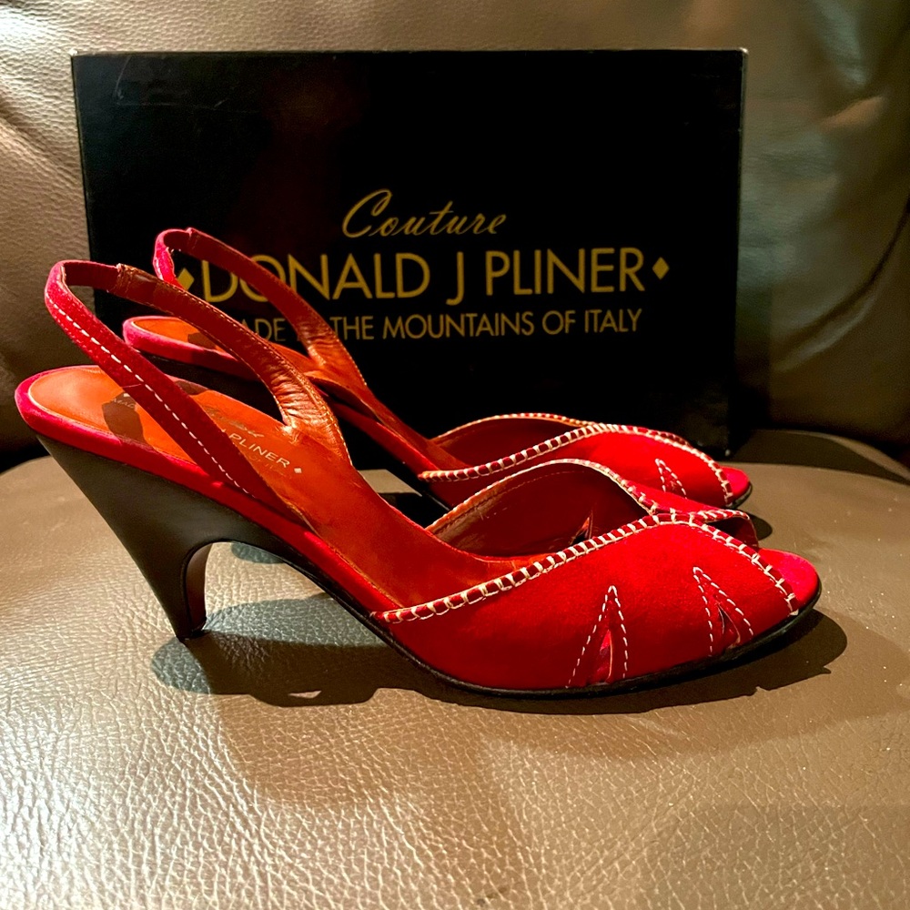 DONALD J PLINER Red suede peep toe sling back wedge pump Size 8.5